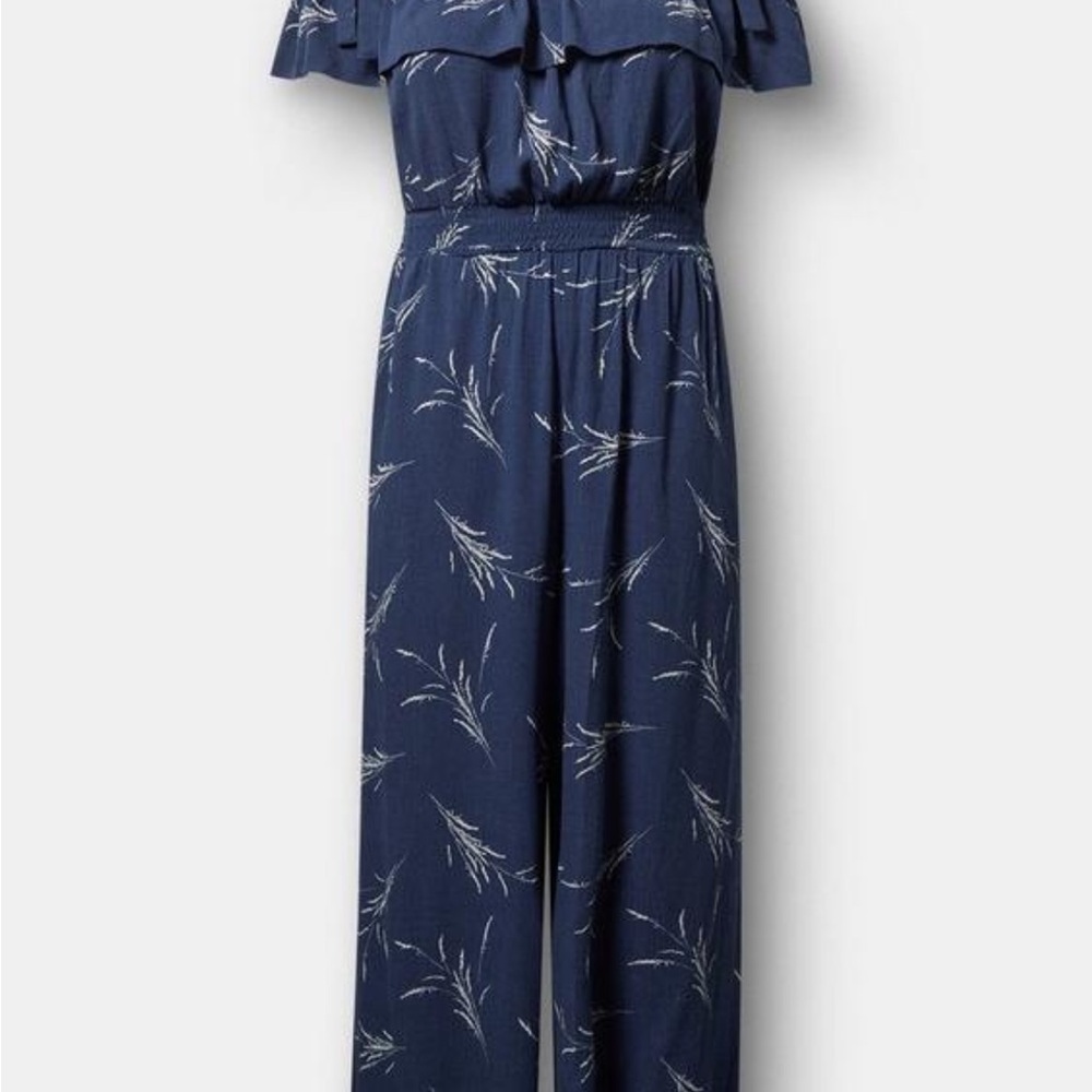 Torrid Navy Leaf Print Ruffle Jumpsuit